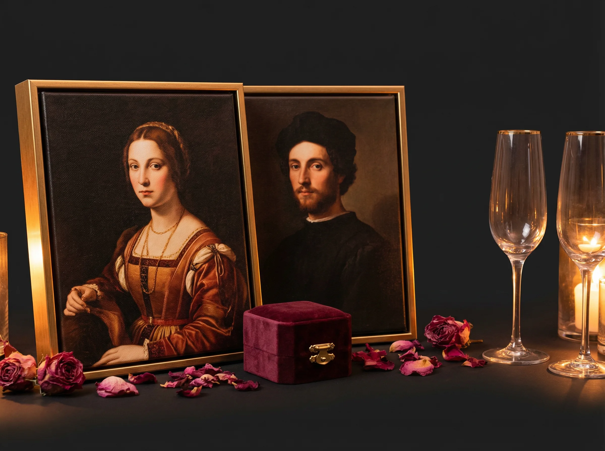 Anniversary couple portrait on canvas with roses and champagne