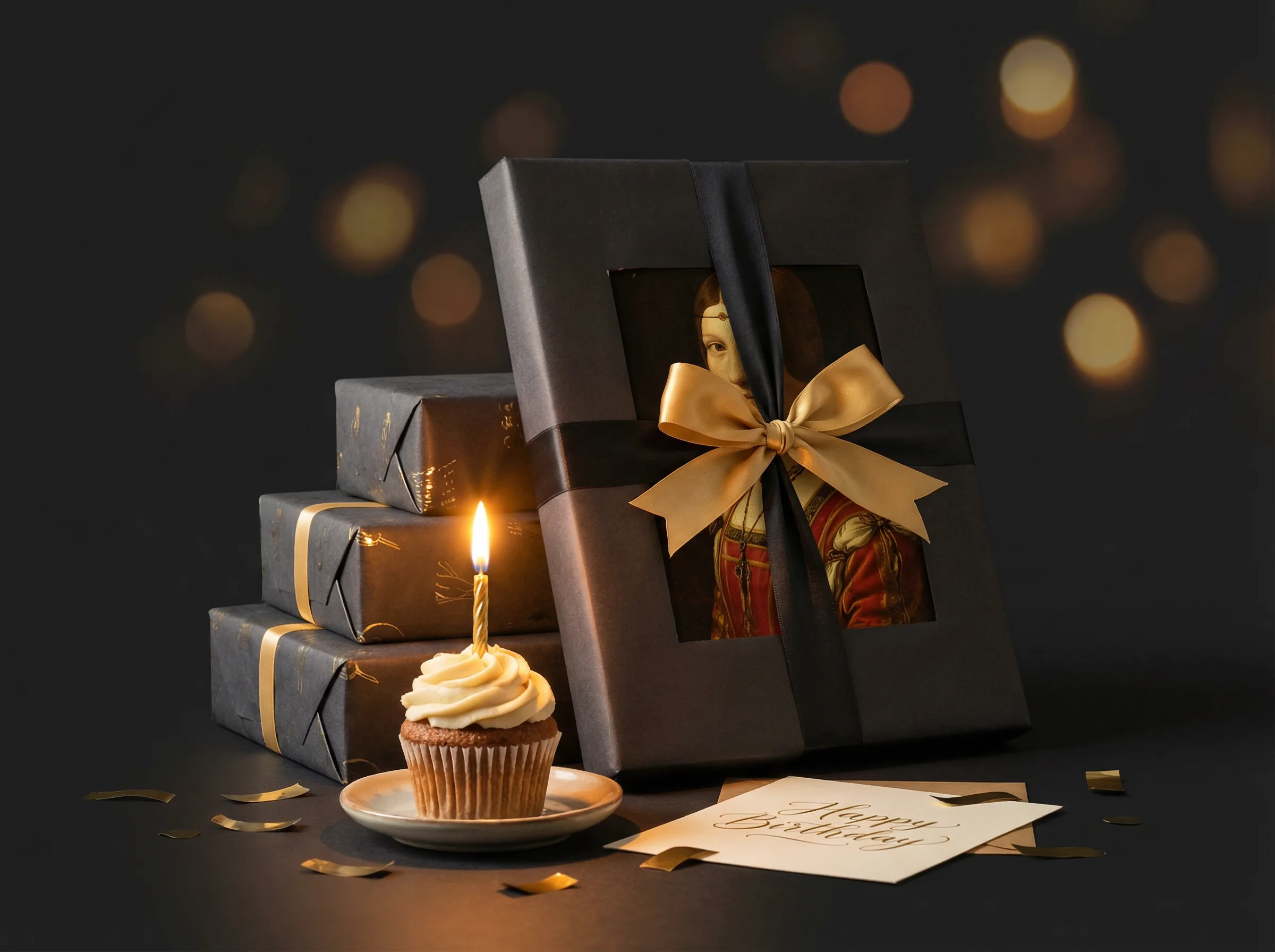 Birthday gift custom canvas portrait with golden bow and cupcake