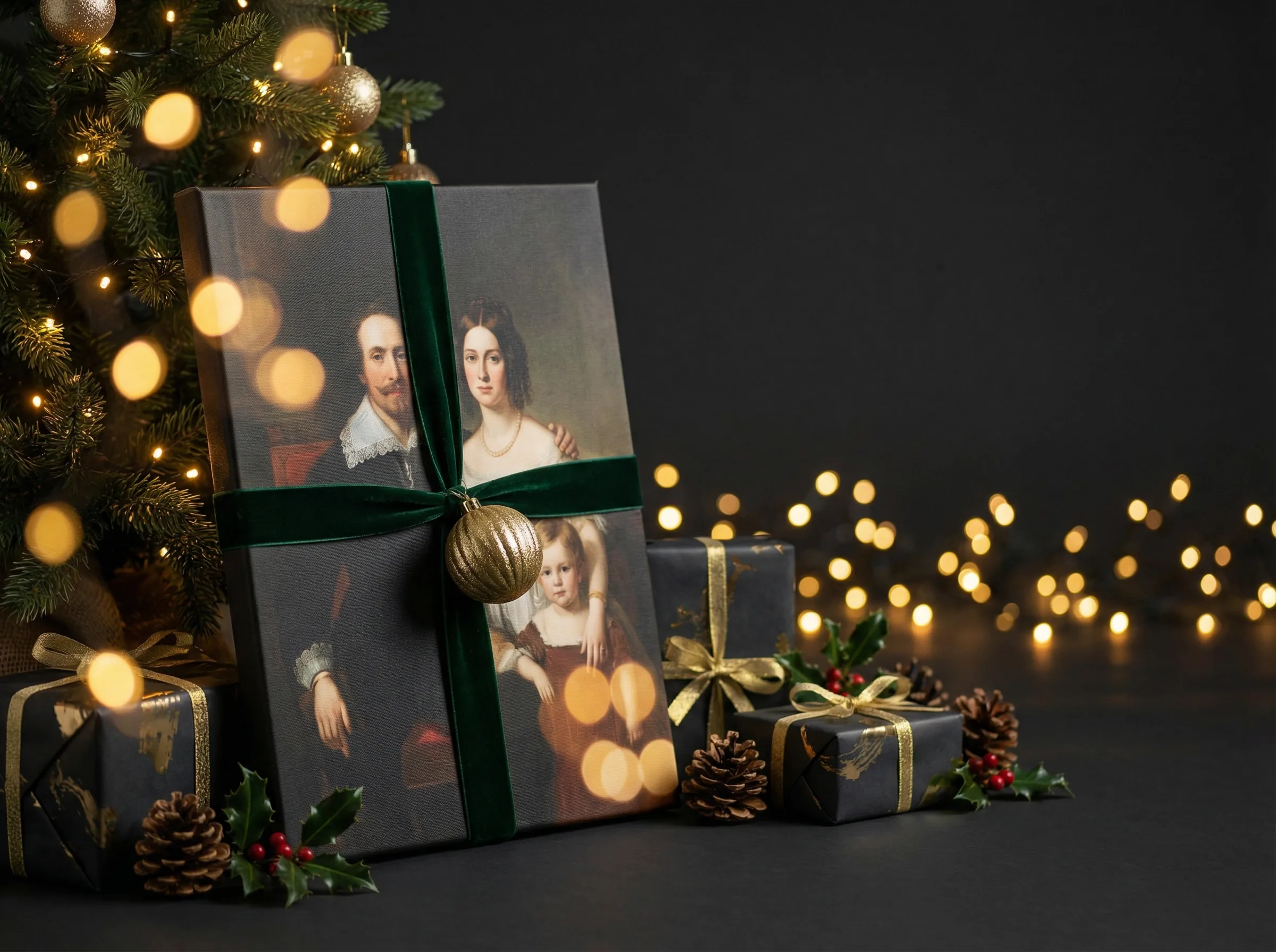 Custom canvas portrait as holiday gift under Christmas tree