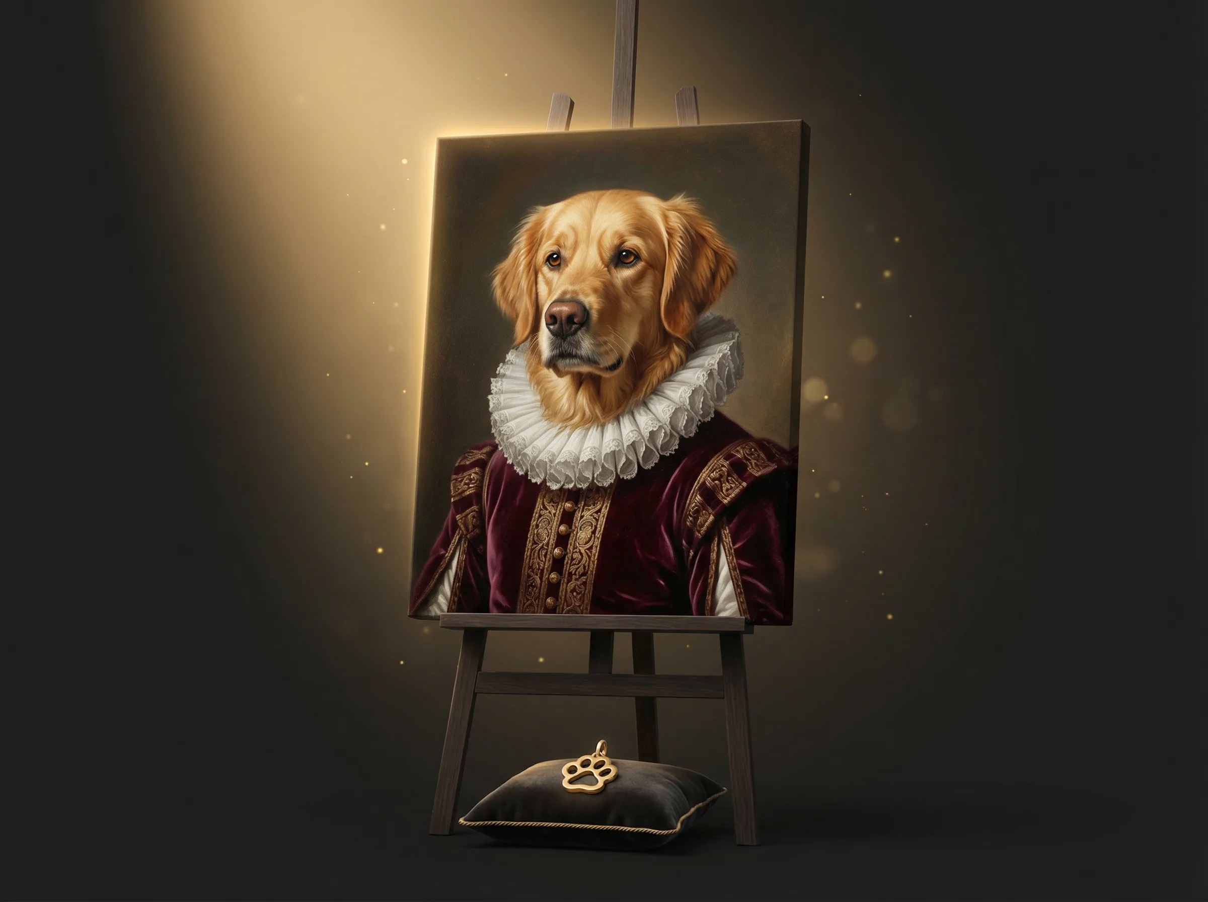 Golden retriever pet portrait in Renaissance royal style on canvas easel